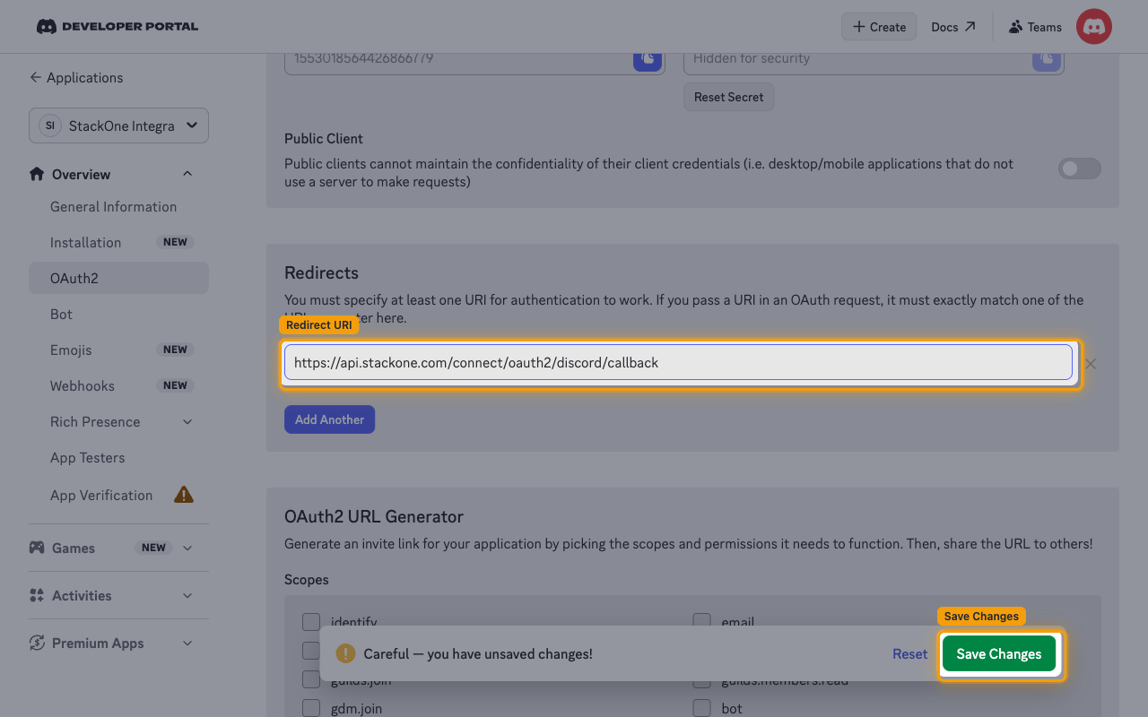The Redirects section with the StackOne callback URL entered and the Save Changes button highlighted