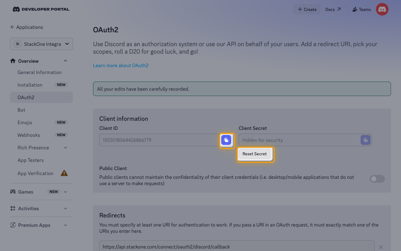 The Client information section with the Client ID copy icon and the Reset Secret button highlighted