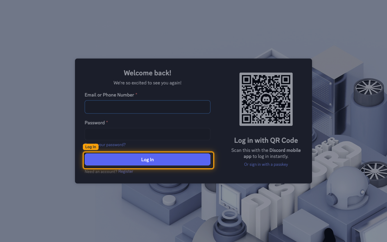 The Discord log in page with the Log In button highlighted