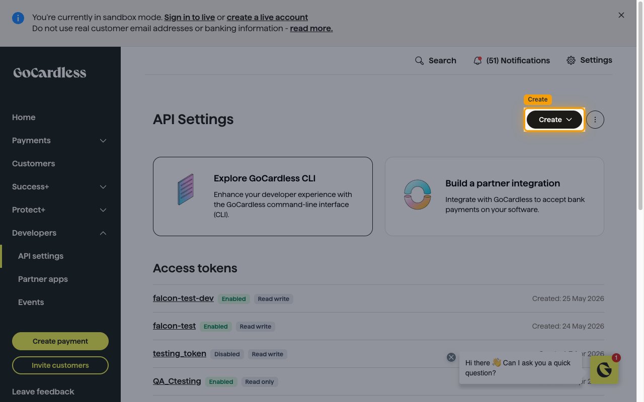 The API Settings page with the Access tokens section and the Create dropdown in the top right corner
