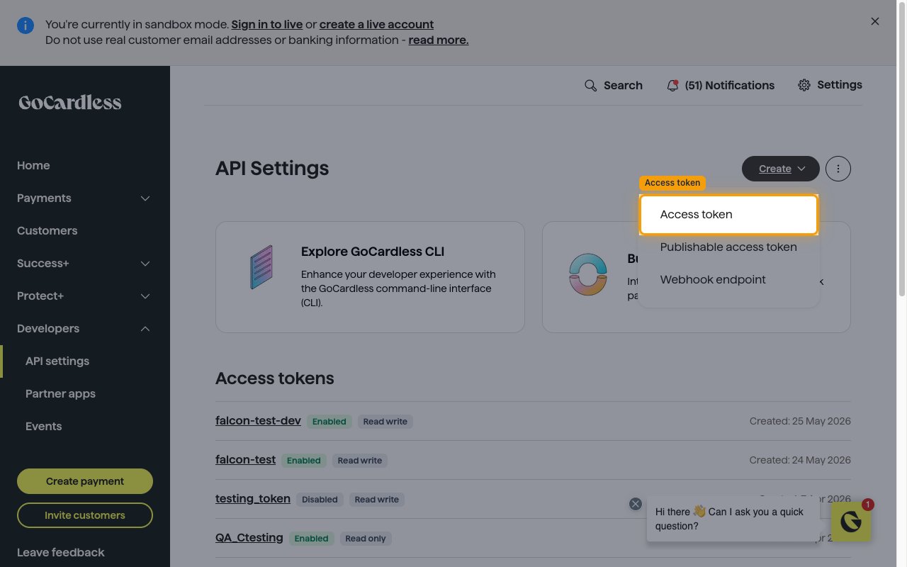 The Create dropdown on the API Settings page with the Access token option highlighted