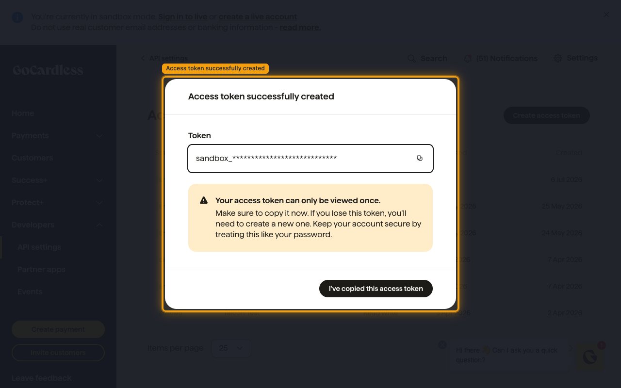 The Access token successfully created dialog showing the Token field, the view-once warning, and the I've copied this access token button
