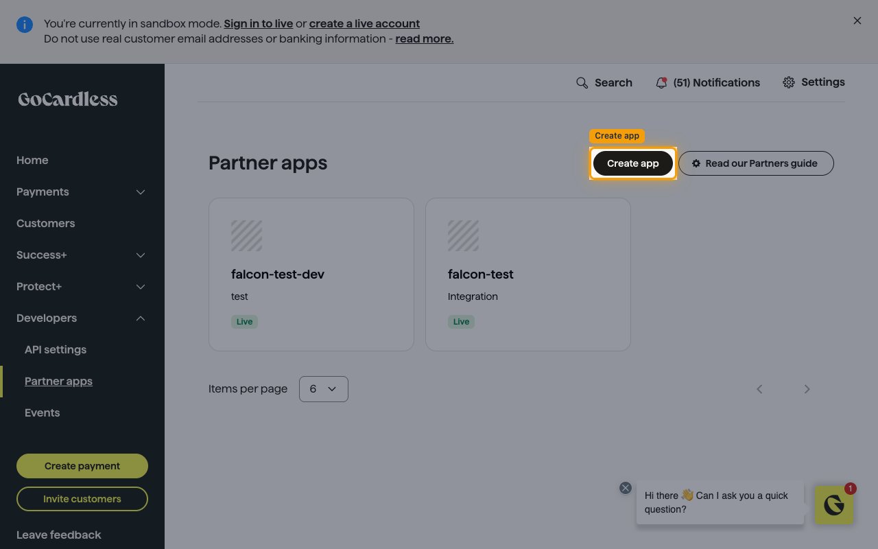 The Partner apps page with the Create app button highlighted