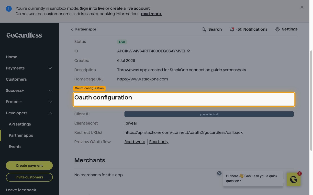 The Oauth configuration section of the partner app details page showing Client ID and the Reveal link for Client secret