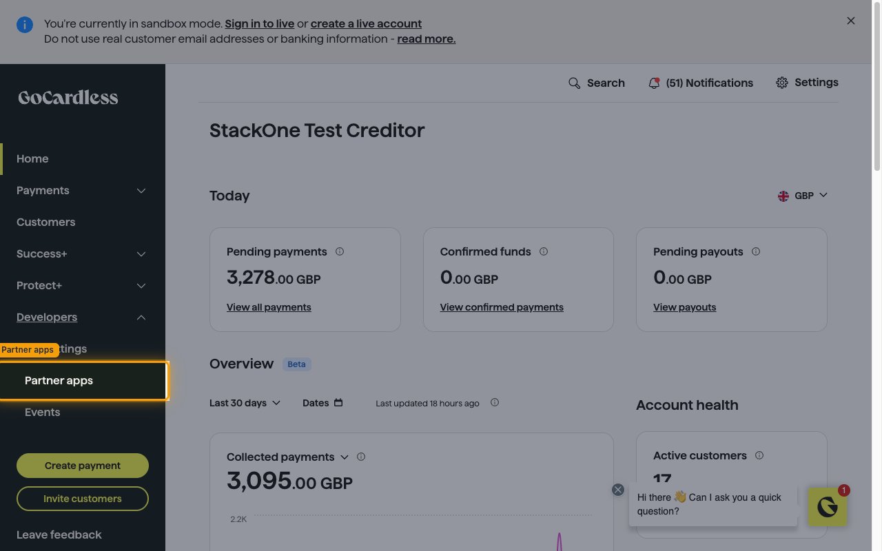 The expanded Developers menu in the GoCardless sidebar with Partner apps highlighted