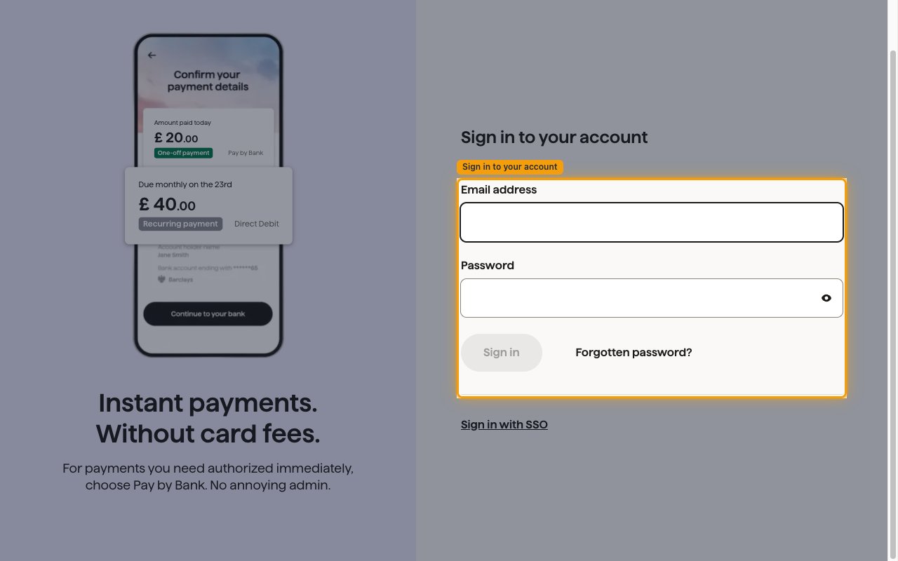 GoCardless sign in page with the Email address and Password fields