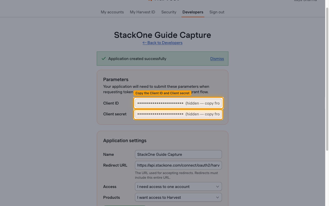 Parameters section showing the Client ID and Client secret fields