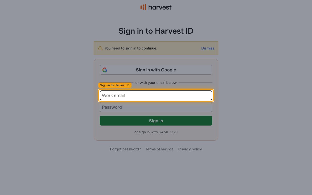 Harvest ID sign-in screen