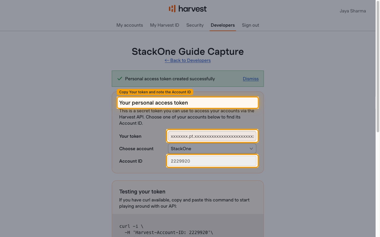 Your personal access token page showing Your token, Choose account and Account ID