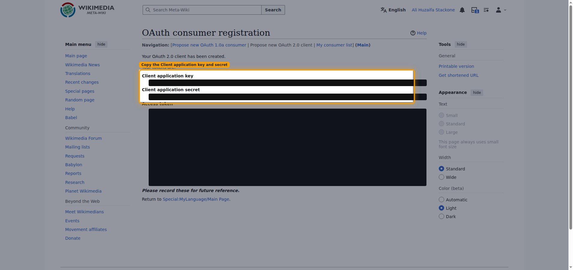 OAuth consumer registration result screen showing the Client application key and Client application secret