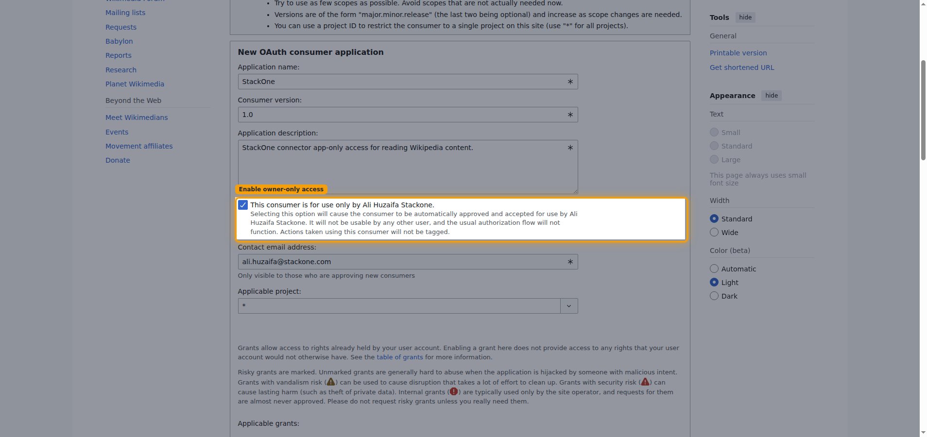 OAuth consumer registration form with the owner-only consumer checkbox checked and highlighted