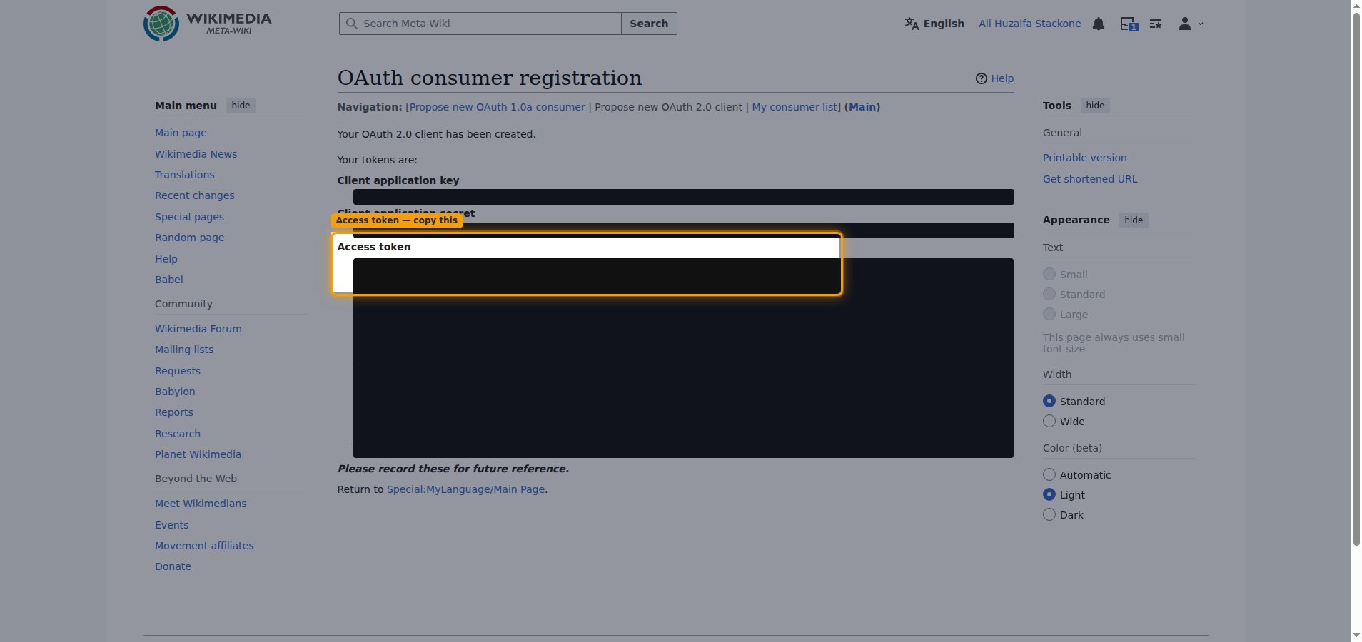 Client creation result screen with the Access token highlighted and the token values redacted