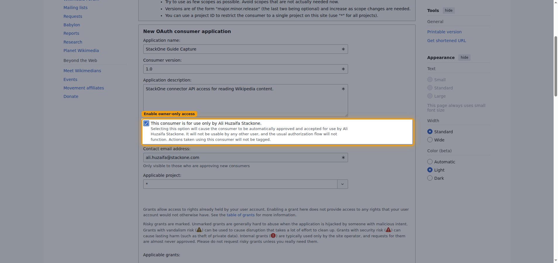 OAuth consumer registration form with the owner-only consumer checkbox checked and highlighted