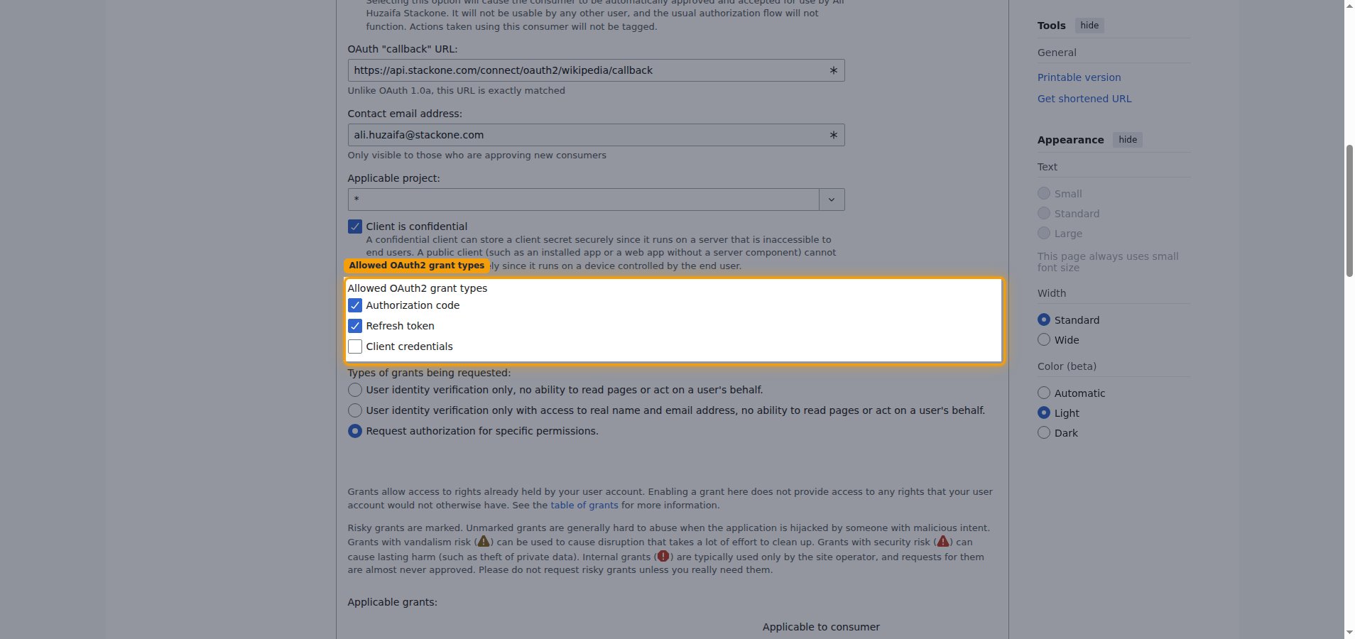 OAuth consumer registration form with the Allowed OAuth2 grant types section highlighted
