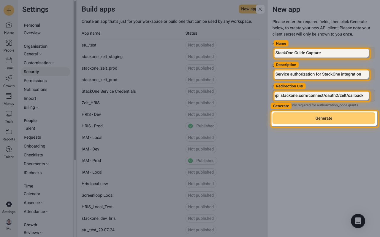 The New app drawer with the Name, Description and Redirection URI fields filled in and the Generate button highlighted