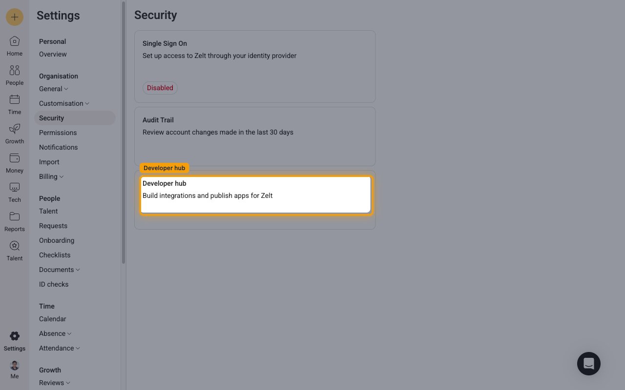 The Security page with the Developer hub card highlighted
