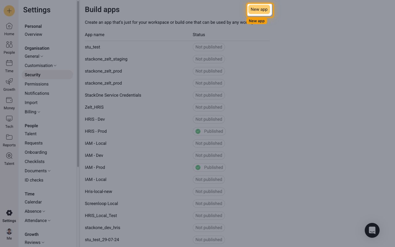 The Build apps page with the New app button highlighted