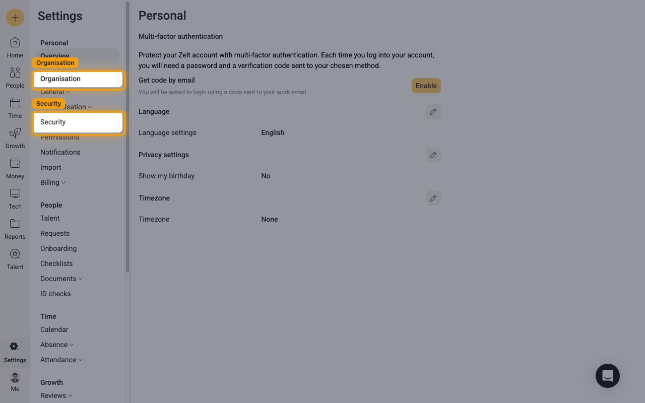 The Settings menu with Organisation and Security highlighted