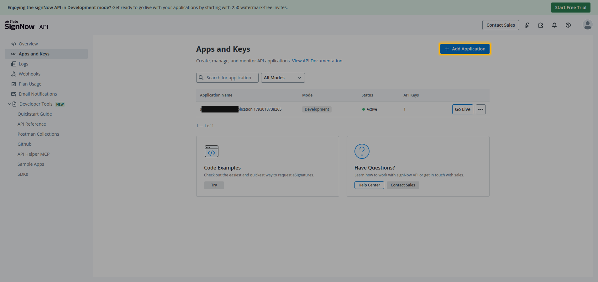The Apps and Keys page in the signNow API Dashboard, with the Add Application button highlighted