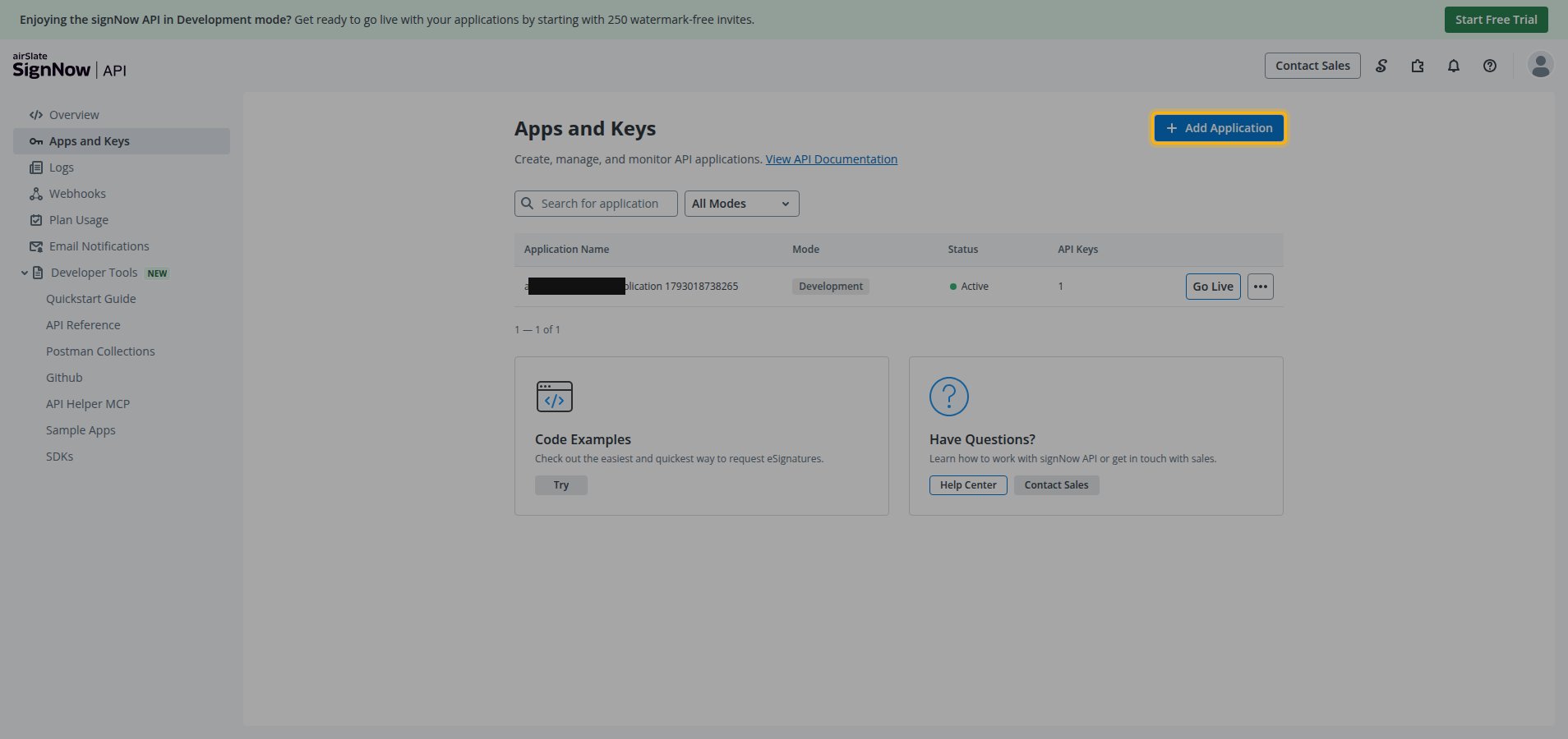 The Apps and Keys page in the signNow API Dashboard, with the Add Application button highlighted