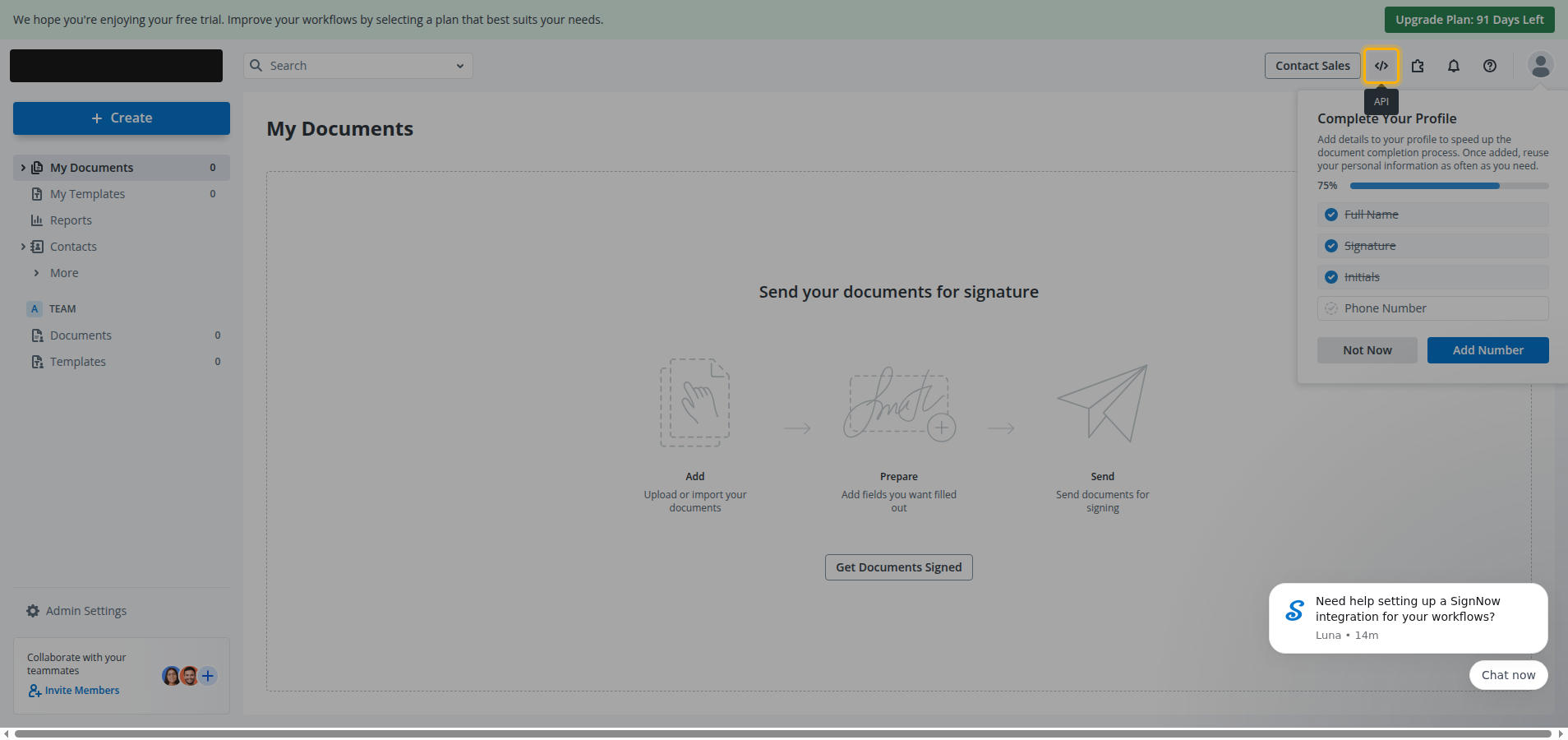 The signNow Documents page with the API icon in the top header highlighted