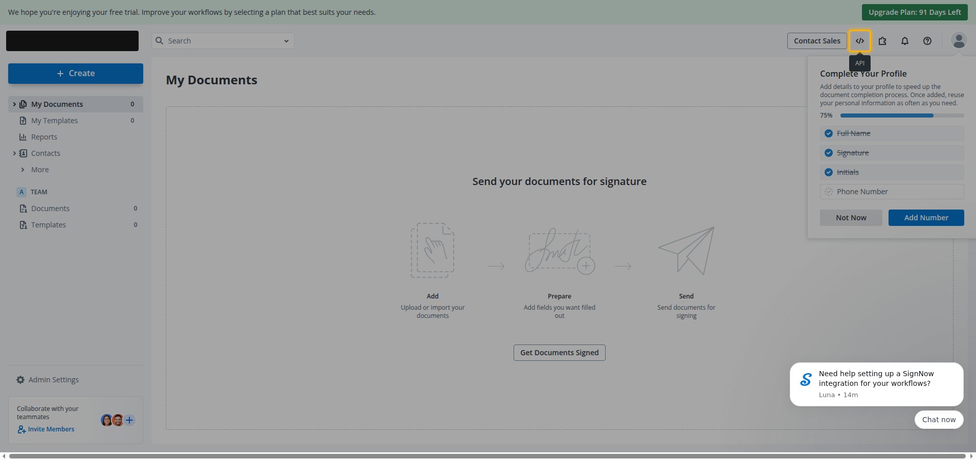 The signNow Documents page with the API icon in the top header highlighted