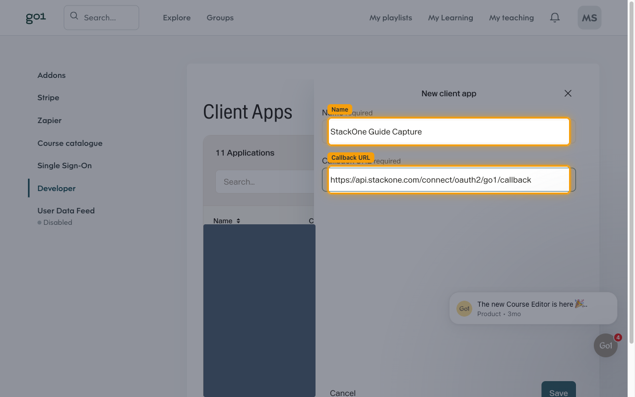 New client app dialog with the Name and Callback URL fields