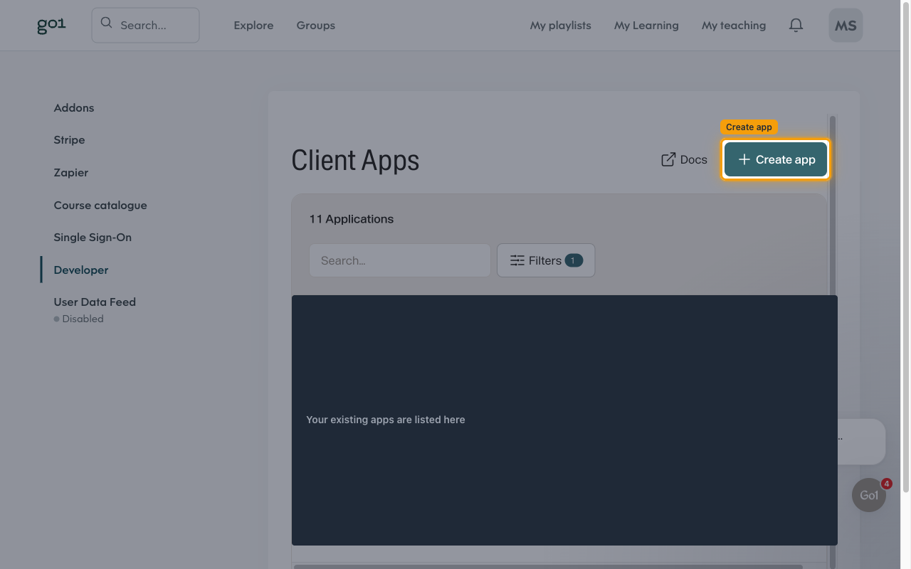 Client Apps page with the Create app button highlighted