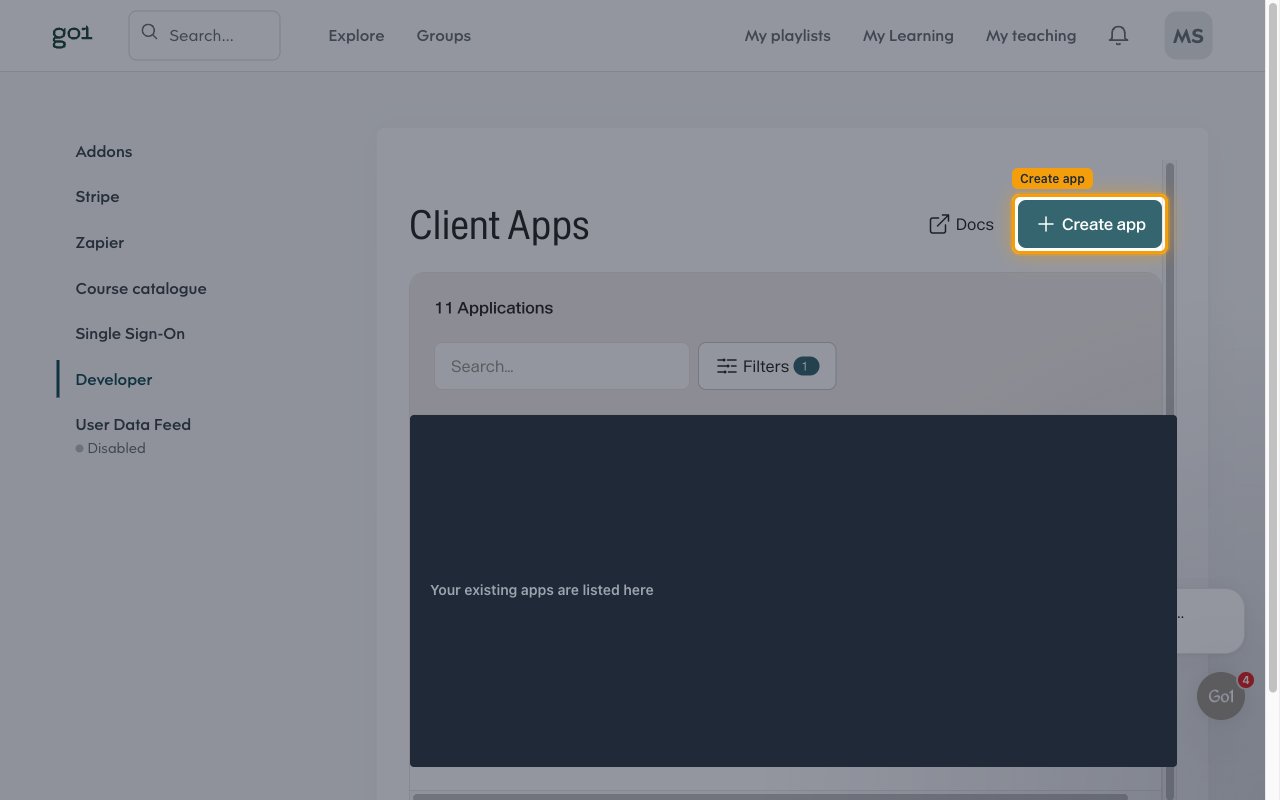 Client Apps page with the Create app button highlighted
