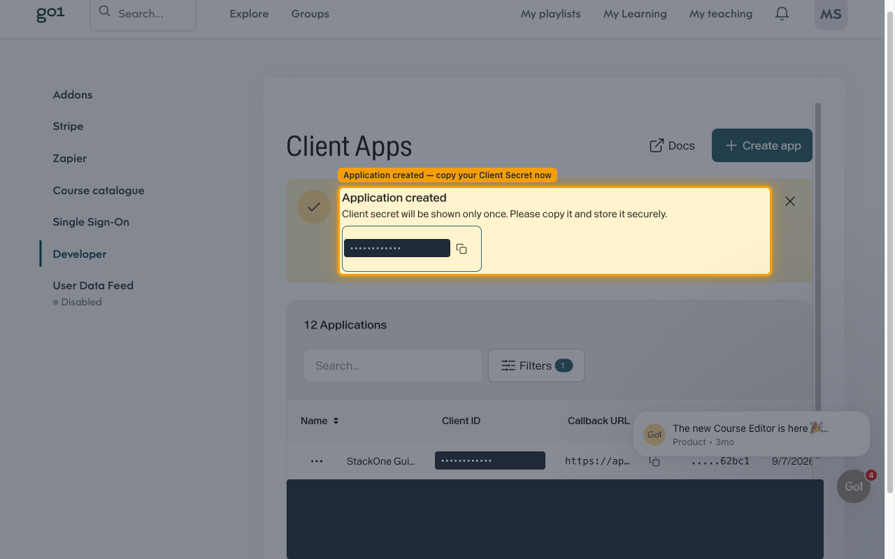 Application created confirmation showing the Client Secret with a copy button