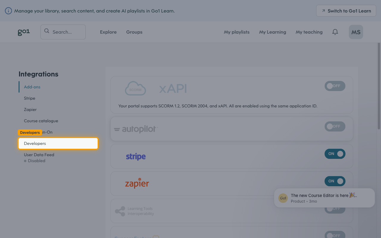Integrations menu with the Developers item highlighted