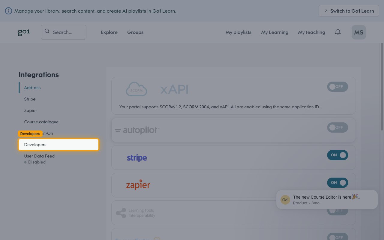 Integrations menu with the Developers item highlighted