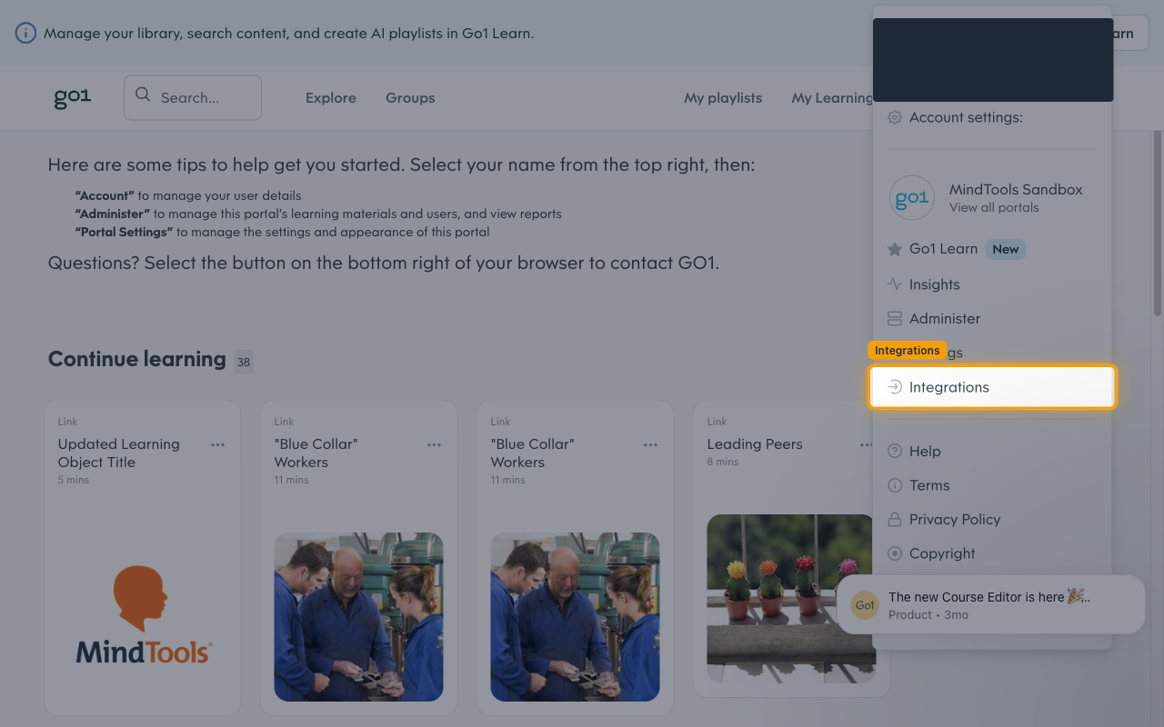 Go1 account menu with the Integrations item highlighted