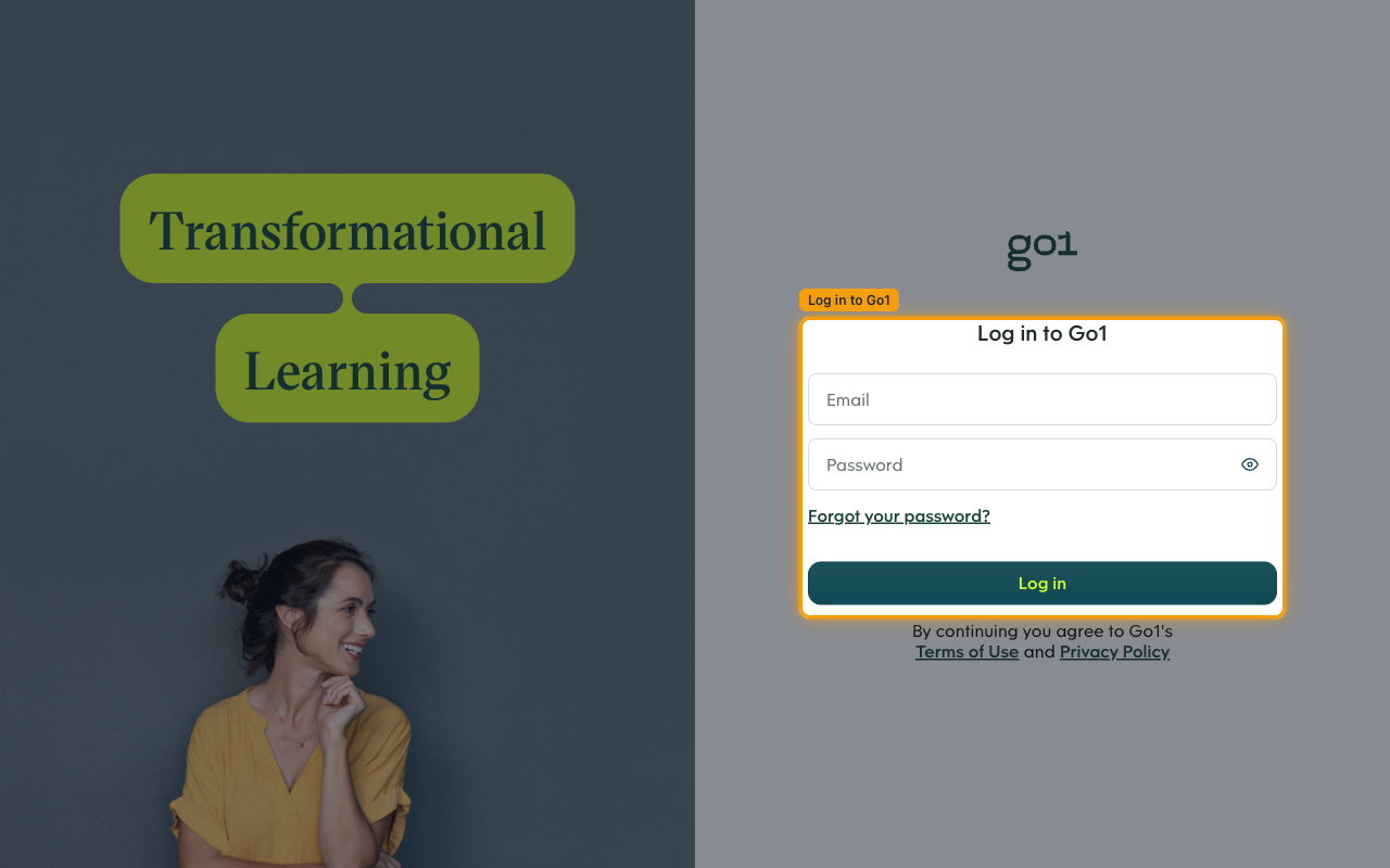 Go1 login screen with email and password fields