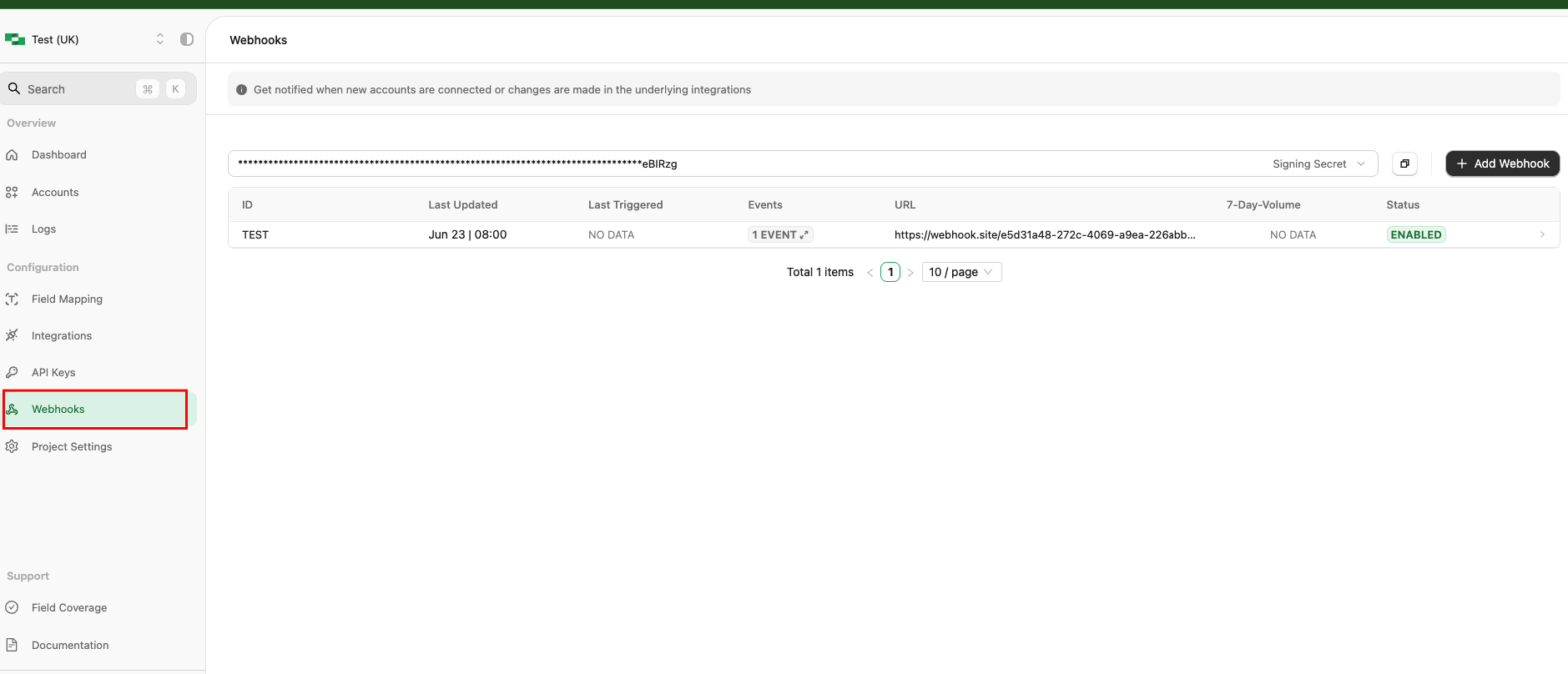 Webhooks page