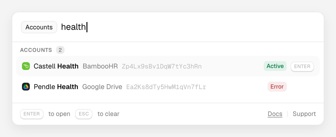 Command palette scoped to Accounts, with the search health matching two Linked Accounts and their connector, account ID and status