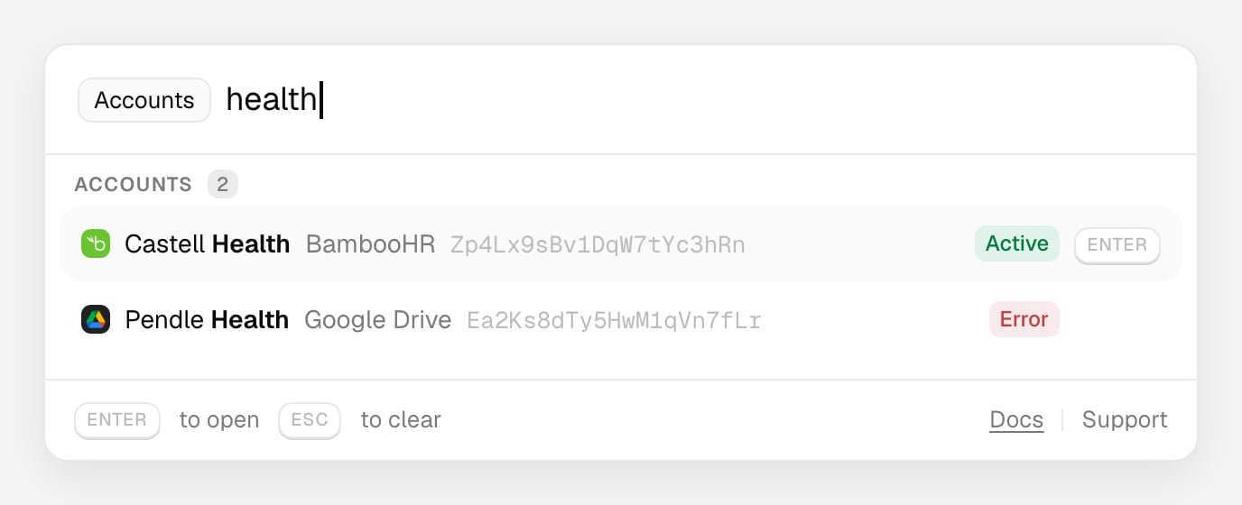Command palette scoped to Accounts, with the search health matching two Linked Accounts and their connector, account ID and status