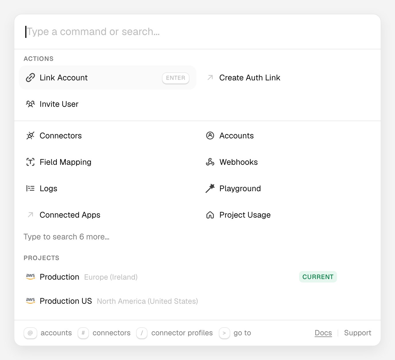 Command palette showing the Link Account, Create Auth Link and Invite User actions, dashboard pages, and two projects with their regions