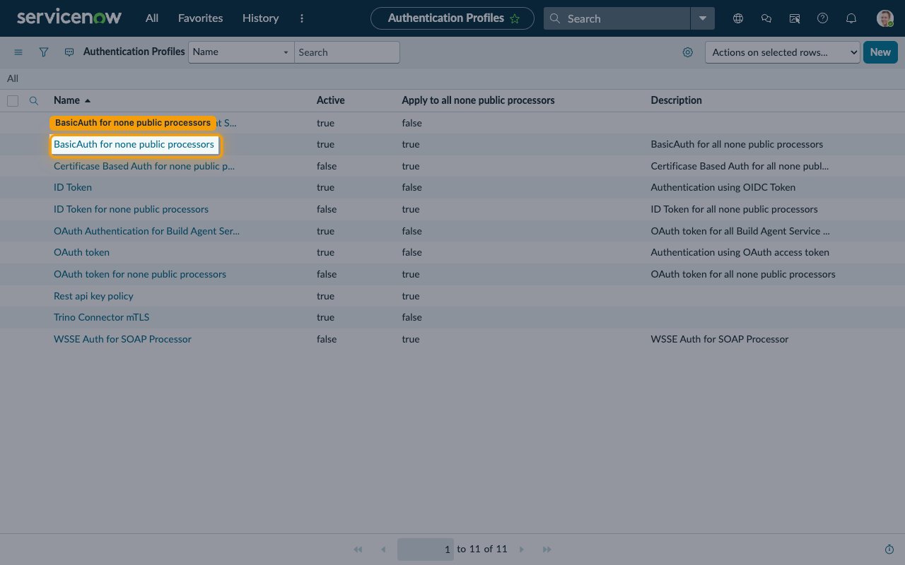 Authentication Profiles list with BasicAuth for none public processors highlighted