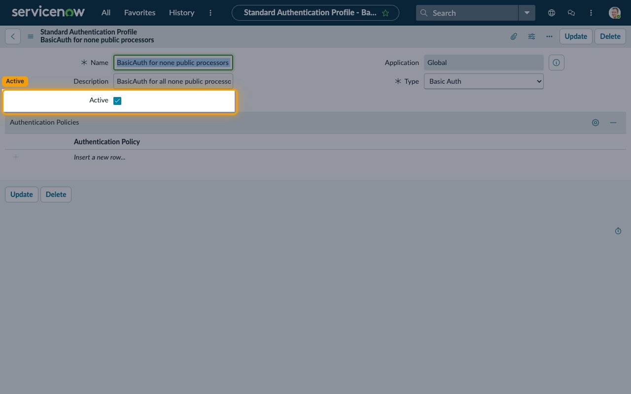 BasicAuth for none public processors record with the Active checkbox highlighted