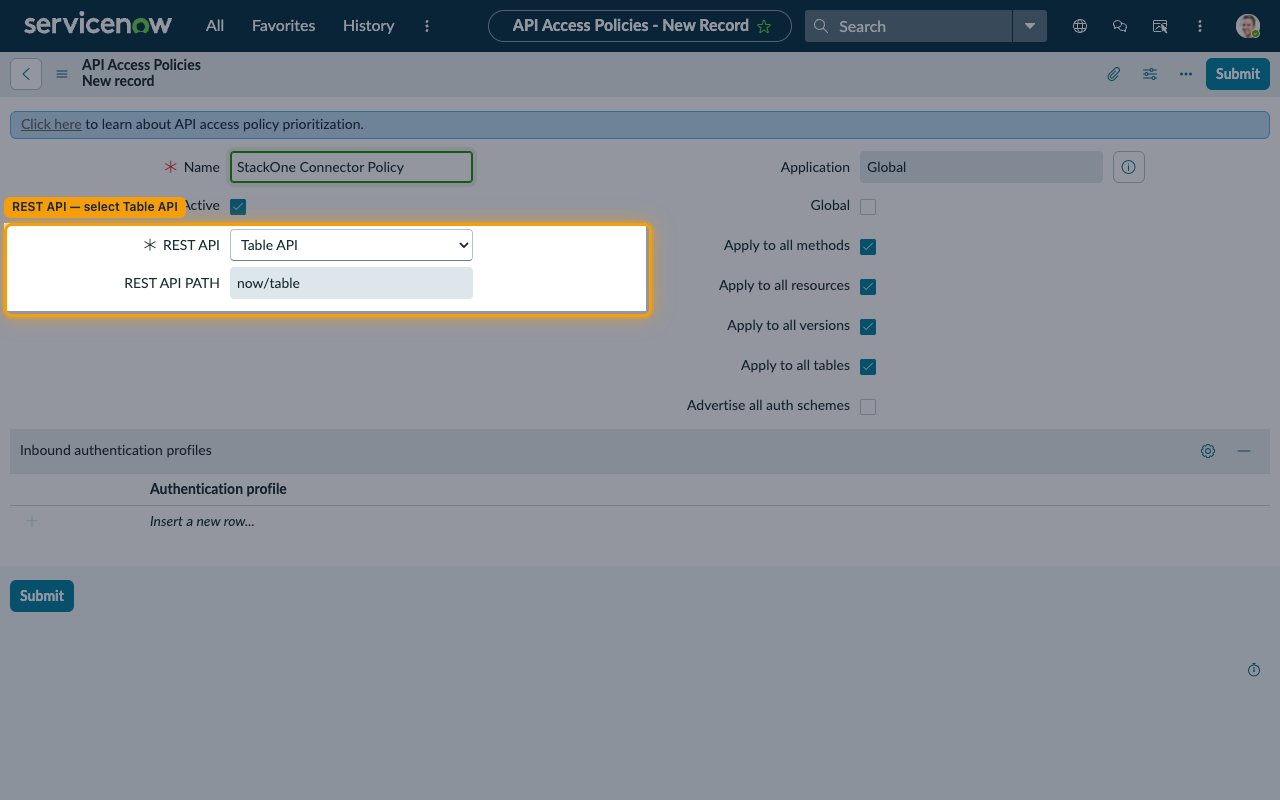 New API Access Policy form with REST API set to Table API