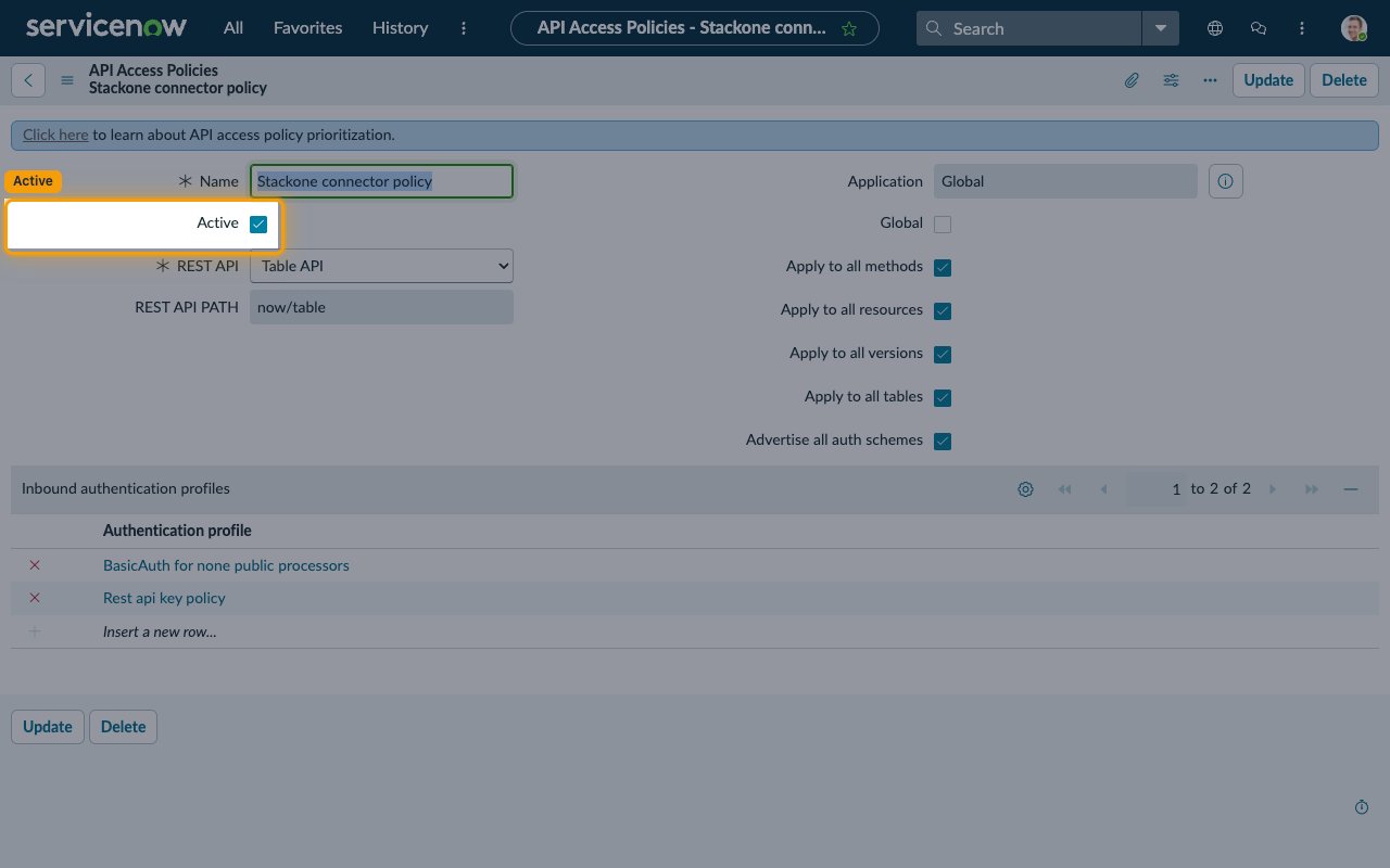 Table API access policy record with the Active checkbox highlighted