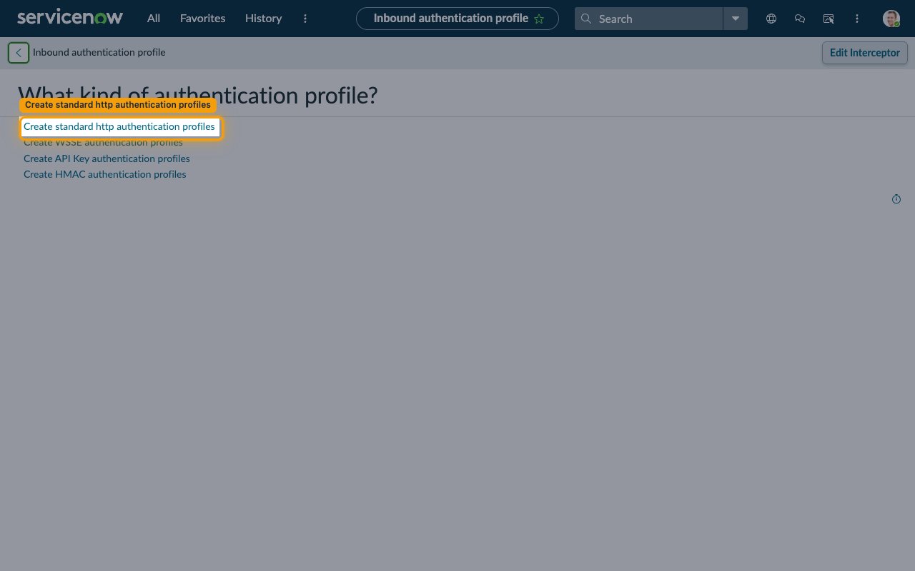 What kind of authentication profile page with Create standard http authentication profiles highlighted
