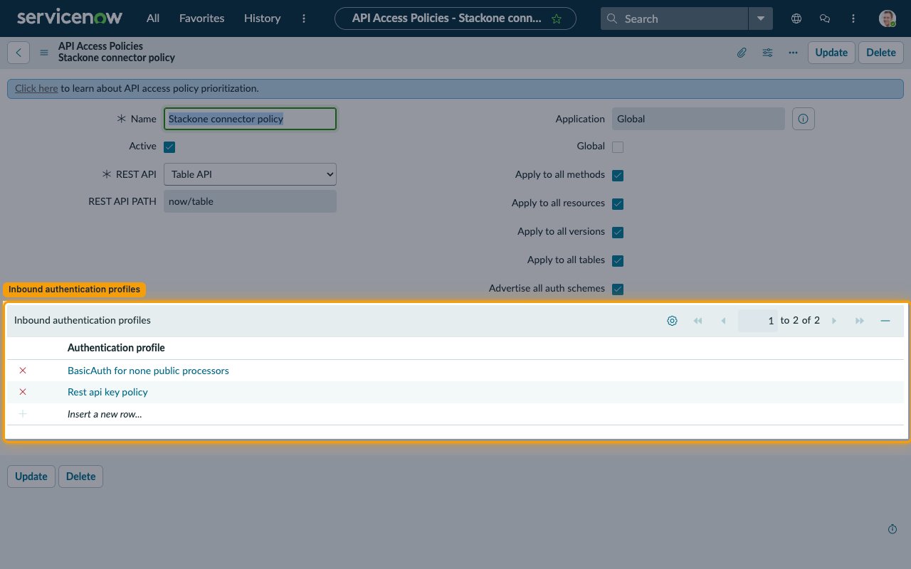 Inbound authentication profiles related list showing Rest api key policy attached