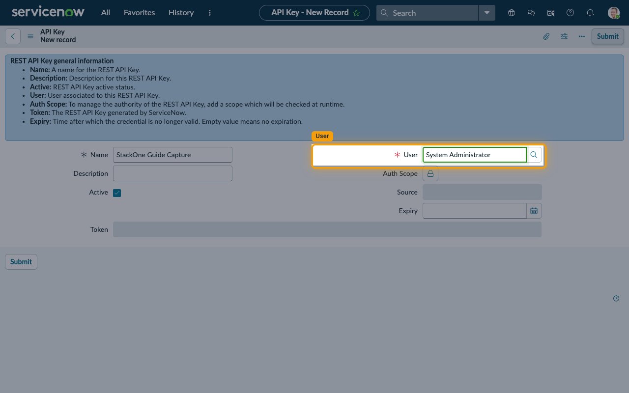 New REST API Key form with the User field highlighted