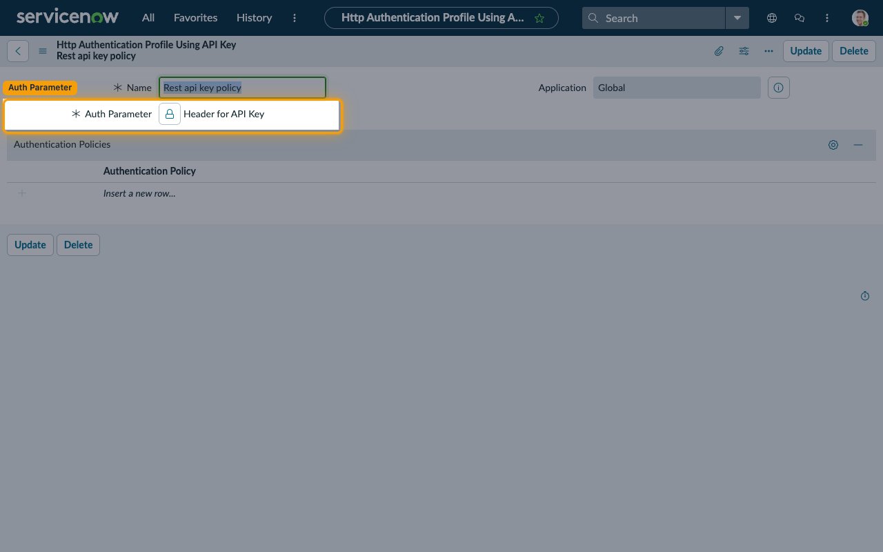 Rest api key policy record with the Auth Parameter field highlighted