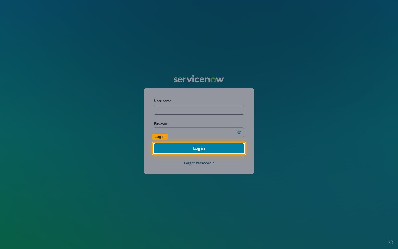 ServiceNow login page with the Log in button highlighted