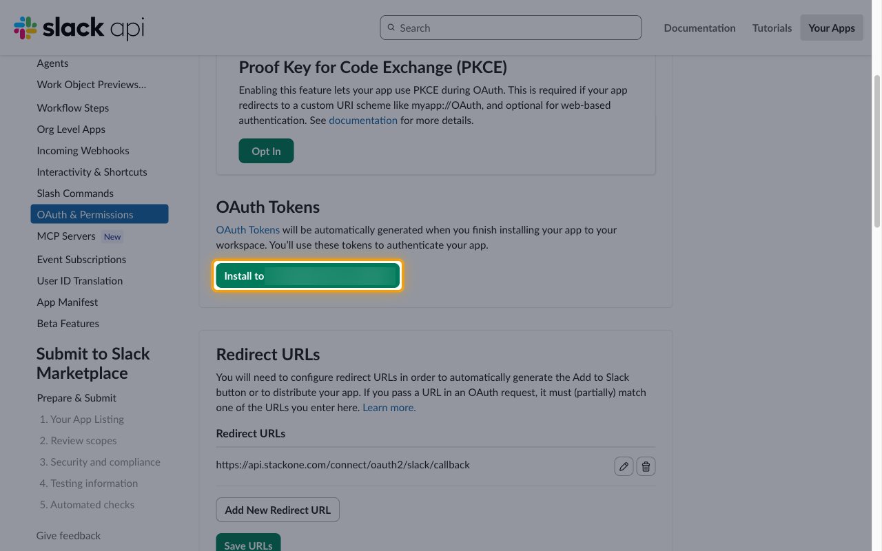 The OAuth Tokens section with the Install to workspace button highlighted