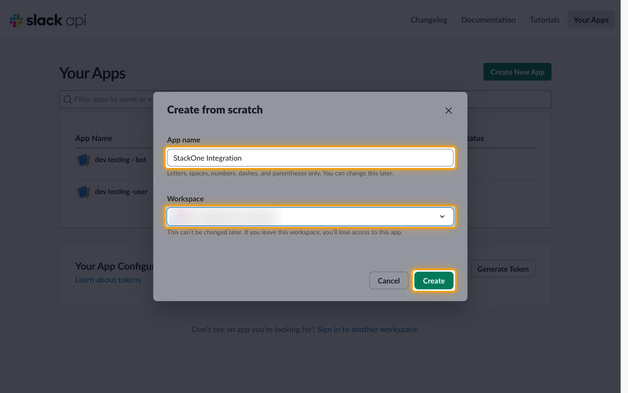 The Create from scratch dialog with the App name, Workspace and Create controls highlighted