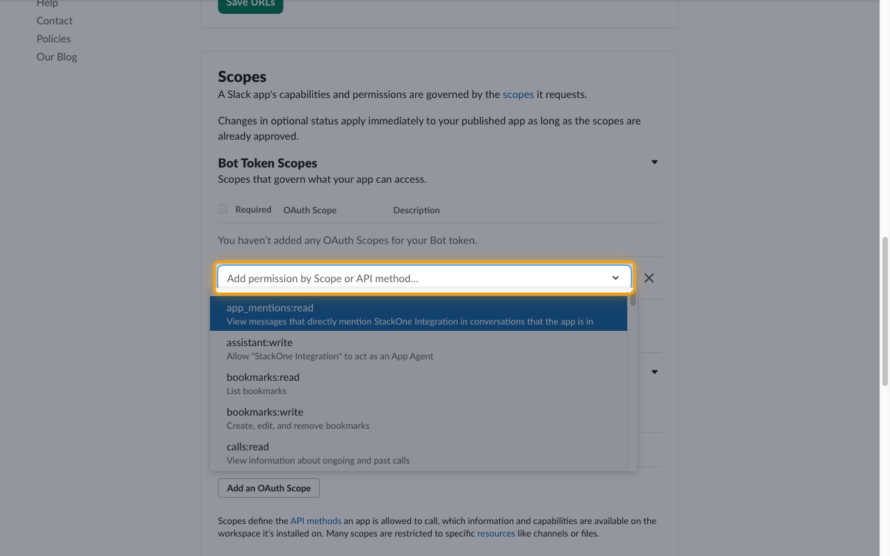 The Bot Token Scopes section with the Add an OAuth Scope picker highlighted